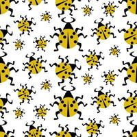 nahtlos Muster mit Gelb Marienkäfer auf ein Weiß Hintergrund. Vektor eben Illustration. abstrakt, geometrisch Insekt mit Beine und Flügel im anders Größen sind Verbreitung im anders Richtungen