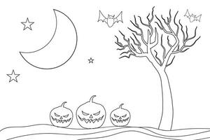 Hand gezeichnet Gliederung gejagt Baum Geist Kostüm komisch Kürbisse fliegen Schläger Halloween Thema Landschaft Färbung Buchseite, Kind Zeichnung zum Kindergarten komisch Halloween Färbung Blätter, isoliert Humor Hintergründe vektor