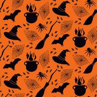 svart och orange silhuett halloween sömlös mönster. isolerat hand dragen fladdermus, kittel, Spindel, Spindel webb, häxa, mopp, godis majs. Semester design för omslag papper, textil, dekoration, klippbok vektor