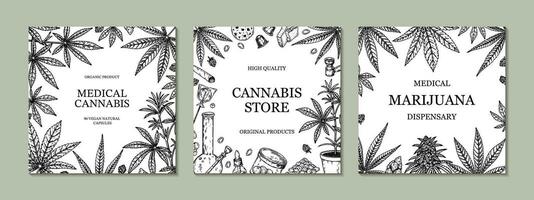 cannabis fyrkant design för förpackning, social media inlägg, Lagra dekoration, varumärke, certifikat. uppsättning av marijuana vektor illustration i skiss stil. hampa graverat bakgrund