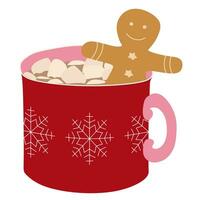 en kopp av varm choklad. jul dryck på en vit bakgrund. en röd råna av kakao med en snöflinga och småkakor. säsong- baner. färgrik vektor illustration. digital ritad för hand Semester dekoration.