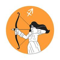 bågskytte svartvit runda vektor fläck illustration. modig kvinna innehav rosett 2d platt bw tecknad serie karaktär för webb ui design. sagittarius zodiaken isolerat redigerbar hand dragen hjälte bild