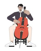 Cello Musiker Linie Karikatur eben Illustration. Mitte östlichen Erwachsene Mann mit Musical Violoncello 2d lineart Charakter isoliert auf Weiß Hintergrund. Violoncellist Symphonie Szene Vektor Farbe Bild