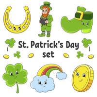 Set Aufkleber mit süßen Zeichentrickfiguren. st. Patricks Tag. handgemalt. bunte Packung. Vektor-Illustration. Patch-Abzeichen-Kollektion für Kinder. für Tagesplaner, Organizer, Tagebuch. vektor