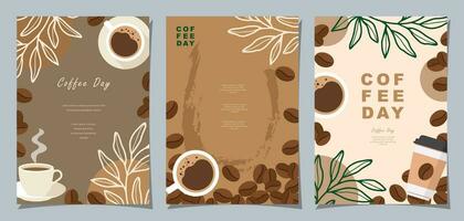 uppsättning av skiss banderoller med kaffe bönor och löv på färgrik bakgrund för affisch eller annan mall design. vektor illustration.
