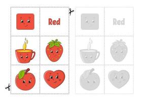 lära sig färger för barn. klipp och spela. söta seriefigurer. bilduppsättning för förskolebarn. utbildning kalkylblad. vektor illustration.