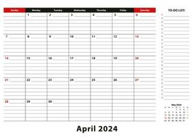 April 2024 monatlich Schreibtisch Pad Kalender Woche beginnt von Sonntag, Größe a3. vektor