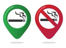 ingen rökning och rökning markör karta stift ikon skylt med platt design lutning cigarett i den förbjudna röda cirkeln. symbol för rökområdet i kartapparna isolerad på vit bakgrund vektor