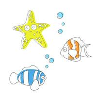 glad marin djur i de stil av partiell häller för barns material och böcker. sjöstjärna och fisk simning under vattnet isolerat på en vit bakgrund. vektor