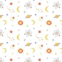 Plats mönster, sömlös bakgrund för textilier, förpackning och barns strö. kosmisk mönster i de stil av platt, planeter och kometer, stjärnor och galaxer. vektor