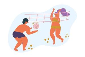 man och kvinna spelar beachvolleyboll, kroppspositivt koncept, sommarsport. platt illustration. vektor