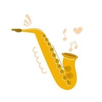 handritad saxofon i platt design, musikinstrument, utbildning, försäljningskoncept. vektor