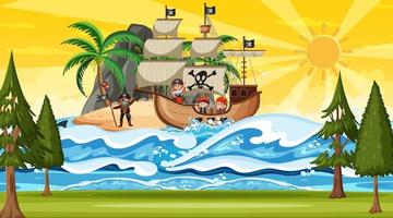 Strand bei Sonnenuntergang Zeitszene mit Piraten Kinder Zeichentrickfigur auf dem Schiff vektor