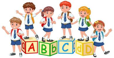 glücklich wenig Kinder mit Alphabet Blöcke. süß Studenten mit Alphabet Blöcke. Vektor Illustration