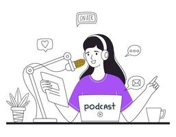 das Mädchen liest das Nachricht, reden in das Mikrofon, Gastgeber ein Podcast oder online zeigen. ein Frau ist Aufzeichnung ein Podcast. das Konzept von Podcasting, bloggen, Radio Übertragung. Gliederung Vektor Illustration.