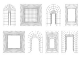 Drahtmodell 3d Bogen, Bogen, Portal, Tor. Perspektive gerundet und rechteckig Formen, verzerrt Netz, 3d Technologie Gittergewebe. abstrakt die Architektur Bogen. einstellen von brutal Grafik Design Elemente. vektor