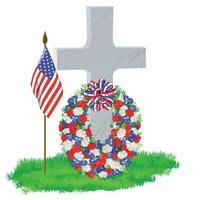 Weiß Marmor Grabstein im das gestalten von ein Kreuz auf Grün Gras. Kranz von Weiss, Blau und rot Blumen. auf Denkmal Tag, ein amerikanisch Flagge schmückt das Grab. Vektor Illustration.