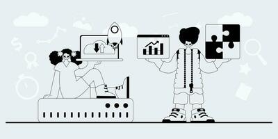 ein Mannschaft Das ist spezialisiert im SEO . modisch Exemplar im ein analog Benehmen. modisch Stil, Vektor Illustration