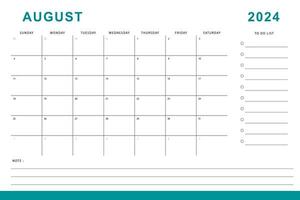 augusti 2024 kalender. en gång i månaden planerare mall. söndag Start. vektor design