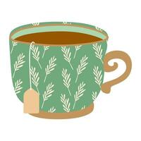 Tee im ein Tasse mit Tee Tasche isoliert auf ein Weiß. Erwärmen Winter und Herbst trinken zu stärken das immun System. eben Vektor Illustration. Grün Becher mit Blumen- Dekoration. Element zum Design.