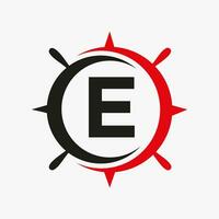 Brief e Schiff Logo Konzept mit Schiff Rad Zeichen Vektor Vorlage