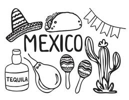 Mexikaner einstellen von Sehenswürdigkeiten. Kaktus, Gitarre, Tequila, Kalk, Sombrero, Taco, Kastagnetten, Pfeffer. isoliert auf ein Weiß Hintergrund. vektor
