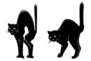 erschrocken Katzen Silhouetten. Hexe schwarz Katze. Karikatur und realistisch Versionen. Vektor Cliparts isoliert auf Weiß.