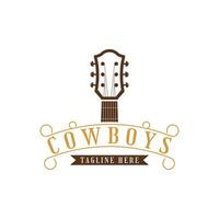 Västra cowboy Land gitarr musik logotyp årgång design vektor
