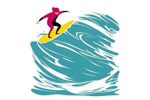 surfing på en Vinka i de hav. surfa ryttare på stor vågor. surfare vektor illustration design för t skjorta skriva ut eller klubb baner.