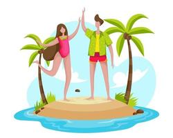 Eine junge Frau und ihr Freund kamen im Urlaub am Strand an und bereiteten sich auf ein Bad im Meer vor. vektor