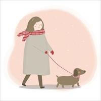 vektor av sista vintern med en kvinna som bär en tröja som går hunden