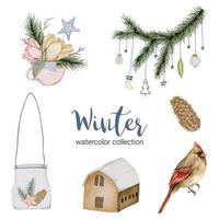 Winter-Aquarellkollektion mit einem Blumenstrauß, Zweigen, getrockneten Tannenzapfen, Häusern und Vögeln. vektor