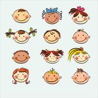 leende barns ansikten med annorlunda hår och hud färger. vektor huvud med barnets ansikte. multietnisk barns samling. isolerat vektor illustration.