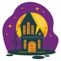 einstellen von Halloween Illustrationen. gruselig alt Haus, Zaun, trocken Baum. Hintergrund mit groß Mond und Sterne. Vektor Grafik.