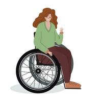 Person im Rollstuhl winken ihr Hand. Person mit ein Behinderung auf Weiß Hintergrund. inklusive Menschen vektor