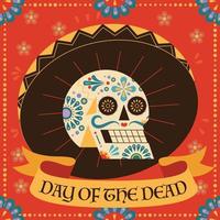 mexikanischer traditioneller Festivaltag der toten Plakatillustration. ein Totenkopf mit buntem Muster trägt einen Hut. vektor