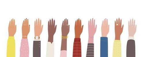 Hände verschiedener Rassen werden erhoben. vektor