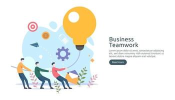 Teamwork-Business-Brainstorming-Ideenkonzept mit großer gelber Glühbirne, winzigem Menschencharakter. kreative Innovationslösung. Vorlage für Web-Landingpage, Banner, Präsentation, Social Media vektor