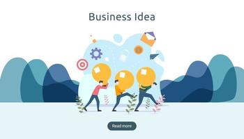 Teamwork-Business-Brainstorming-Ideenkonzept mit großer gelber Glühbirne, winzigem Menschencharakter. kreative Innovationslösung. Vorlage für Web-Landingpage, Banner, Präsentation, Social Media vektor