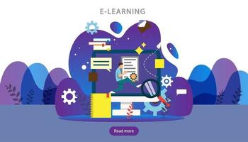 E-Learning-Konzept mit Computer-, Buch- und winzigen Menschencharakter im Lernprozess. E-Book oder Online-Bildung. Vorlage für Web-Landingpage, Banner, Präsentation, Social Media und Printmaterial vektor