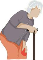 tecknad serie teckning av ett äldre kvinna med knä smärta medan stående.vektor illustration. vektor