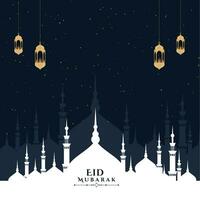 eid Mubarak Mond und Moschee schön Hintergrund Gruß Design vektor