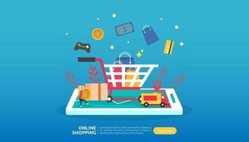 Online-Shopping-Banner. Geschäftskonzept für den Verkauf von E-Commerce mit Smartphone und kleinem Menschencharakter. Vorlage für Web-Landingpage, Präsentation, Social Media und Printmedien. Vektor-Illustration vektor