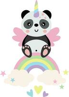 komisch Einhorn Panda auf Magie Regenbogen vektor