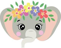 söt elefant ansikte med krans blommig på huvud vektor