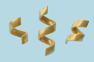 realistisk 3d gyllene konfetti flygande lockigt band tre dimensionell vektor illustration. guld gul metall fest dekoration design element uppsättning på ljus blå bakgrund.