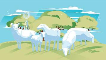 Schaf und Lämmer auf ein Grün Wiese gegen ein Hintergrund von Bäume und Blau Himmel. Vektor eben Illustration. Landwirtschaft, Landwirtschaft und Ranching
