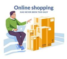 jung Mann Einkaufen online beim Zuhause mit Laptop. Sitzung in der Nähe von enorm Papier Boxen. E-Commerce Konzept Idee. eben Vektor Illustration