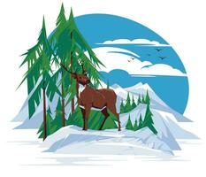 das Hirsch steht allein auf ein Stein. Nadelbaum Wald und Berge Hintergrund. Alaska Landschaft. das wild Natur. Vektor eben Illustration