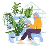 de flicka tar vård av de blommor i de växthus. Hem trädgårdsarbete och begrepp av plantering inomhus. platt vektor illustration